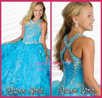 O azul do Aqua das meninas Pageant Dresses 2016 Halter com Beads Rhinestones Ruffles Organza Comprimento Pavimento Bola Vestidos Criança Partido Pageant Vestidos RG6684