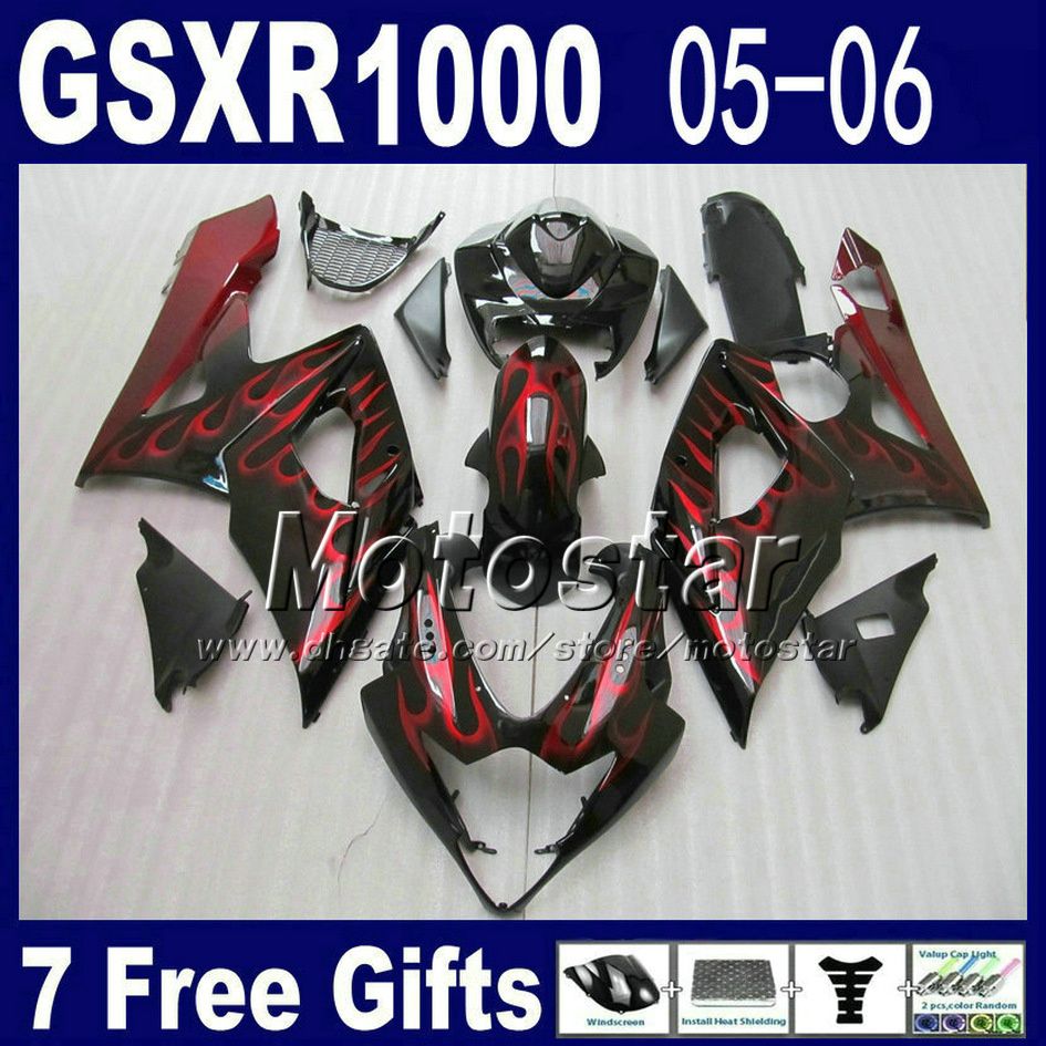 Motorcykel Fairing Kit för 2005 2006 Suzuki GSXR 1000 K5 GSX-R1000 Glänsande platt svart med röda flamfeudningar Set GSXR1000 05 06