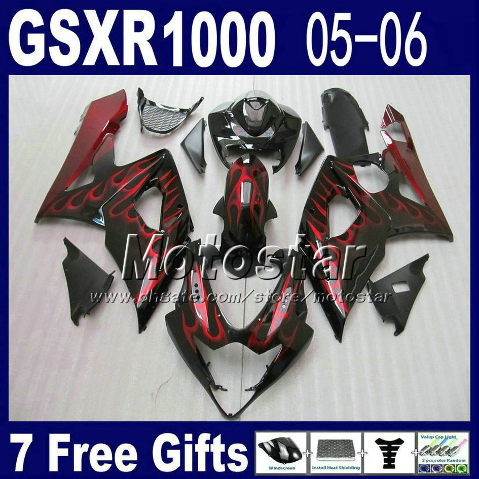 Motorfiets Fairing Kit voor 2005 2006 Suzuki GSXR 1000 K5 GSX-R1000 Glanzend plat zwart met rode vlambackset GSXR1000 05 06