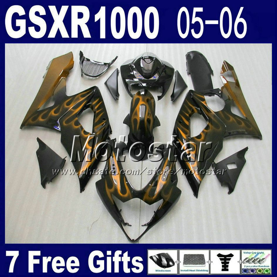 Suzuki GSXR 1000 K5 GSX-R1000 플랫 블랙 노란색 불꽃 공동 킷 2005 2006 GSXR1000 05 06 7 선물 XR83