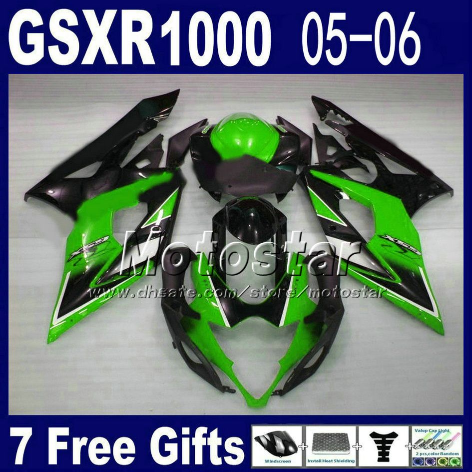 Kit de carénage personnalisé gratuit pour suzuki gsxr 1000 k5 gsxr1000 kits de carénages vert noir brillant plat 2005 2006 gsxr1000 05 06