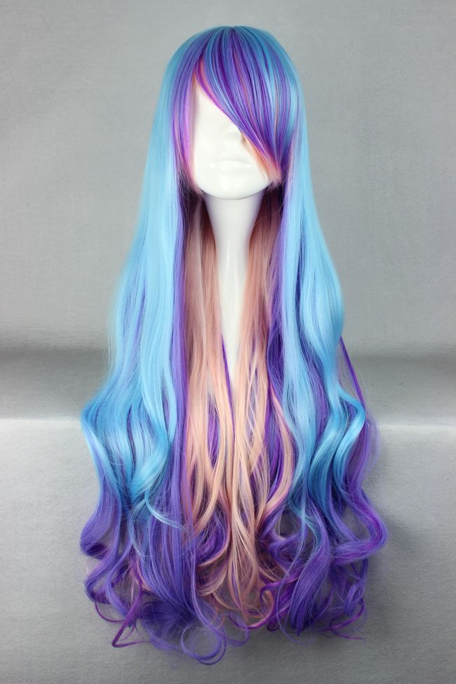 Zipper 80cm Long Wavy Multicolour Blue Purple Pink Women Girls
