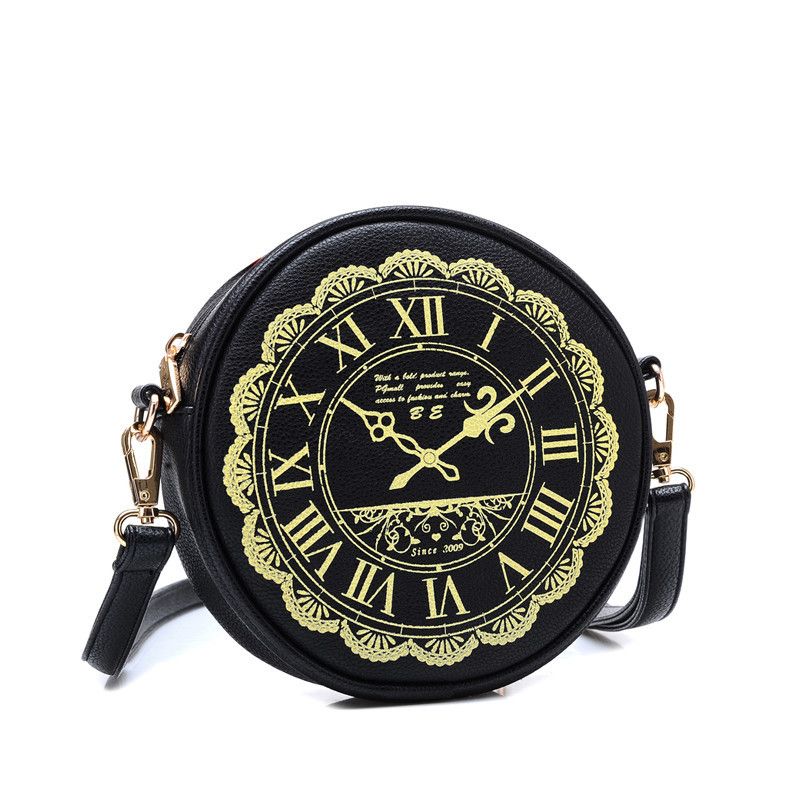New Vintage Hot Clock Print Girls Small Zip Round Leather Crossbody
