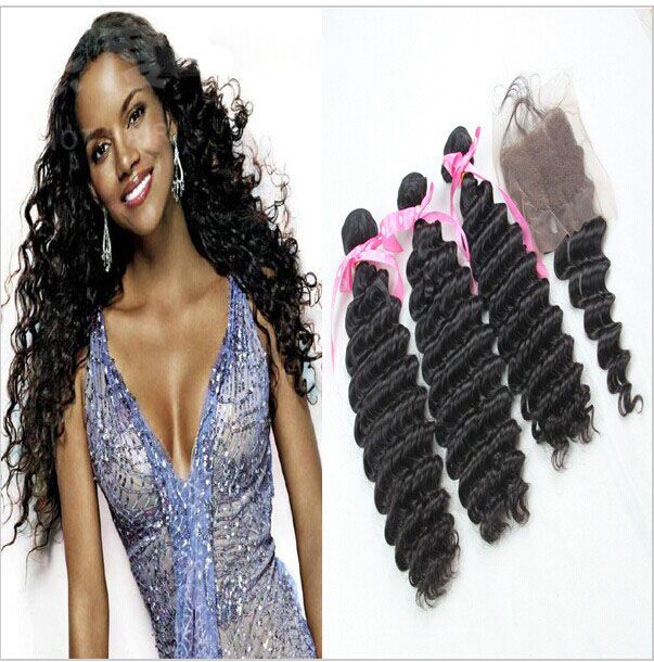 

Wholesale - 100% Brazilian Virgin Hair Extensions Natural Color deep Wave 1PC 3 Way Part Top Lace Closure 4"x 4" With 3PCS Hair Bundles