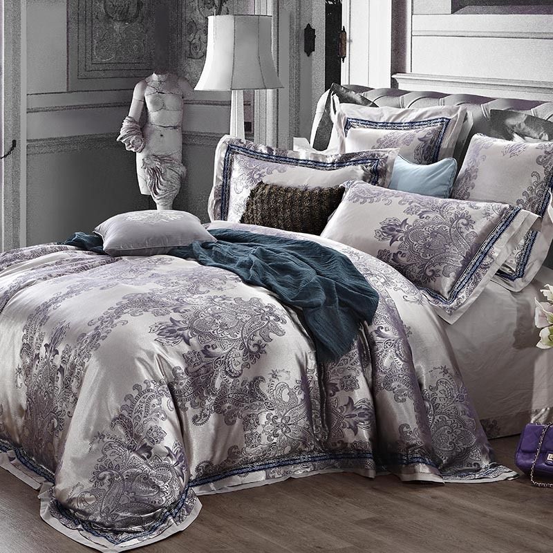 Luxury Jacquard Satin Champagne Wedding Bedding Set King Queen