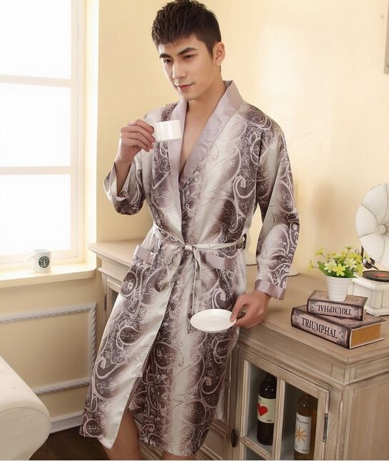 2014 New Classic Pyjama Robes Men Silk Satin Long Sleeve Nightgown ...