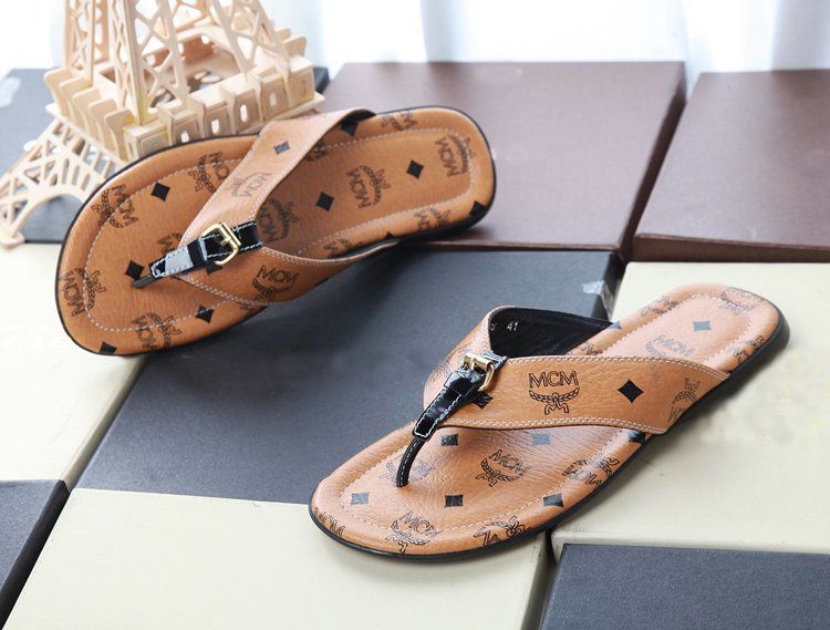 MCM Slippers 2014 New Womens Men Stylish Brown PU Leather Flip Flops High Quality Ladies Flat ...