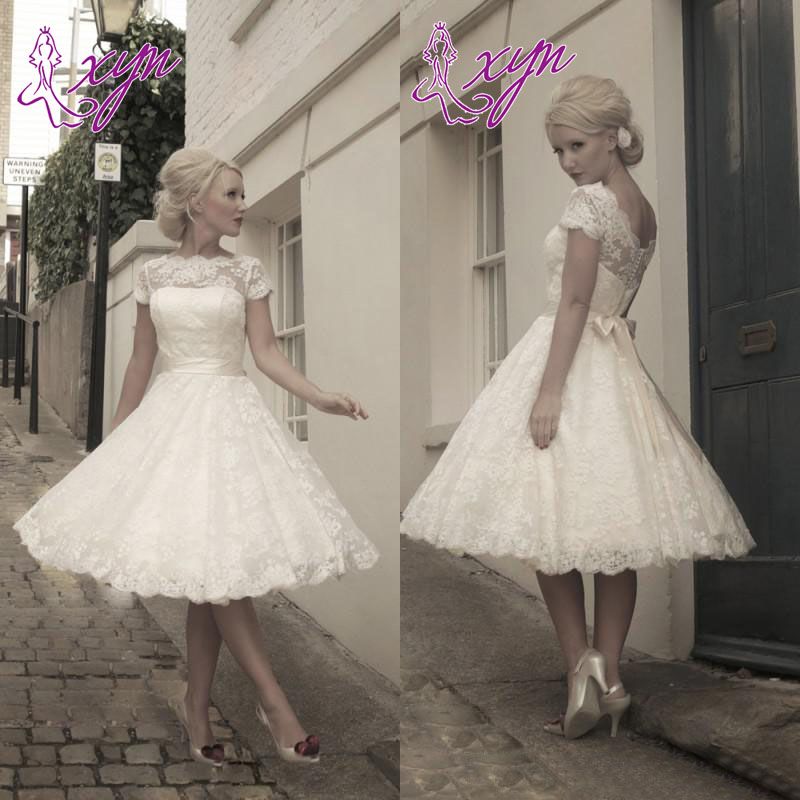 2016 Hot Sales Lace Vintage Short Wedding Dresses Jewel Short Sleeve ...