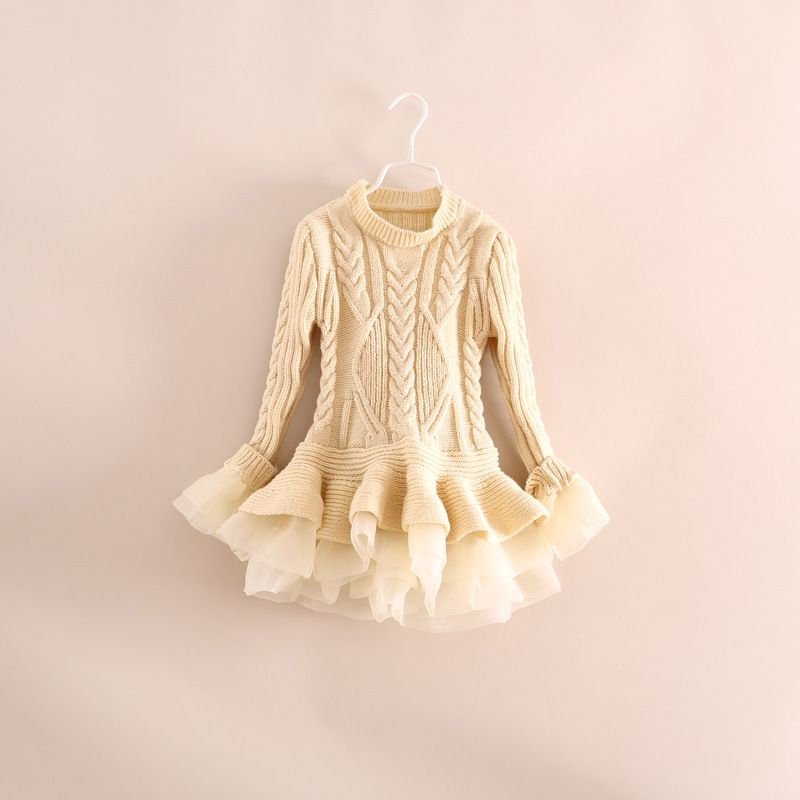 2019 2016 Spring Kids Girls Knit Sweater Dresses Baby Girl Tulle Lace