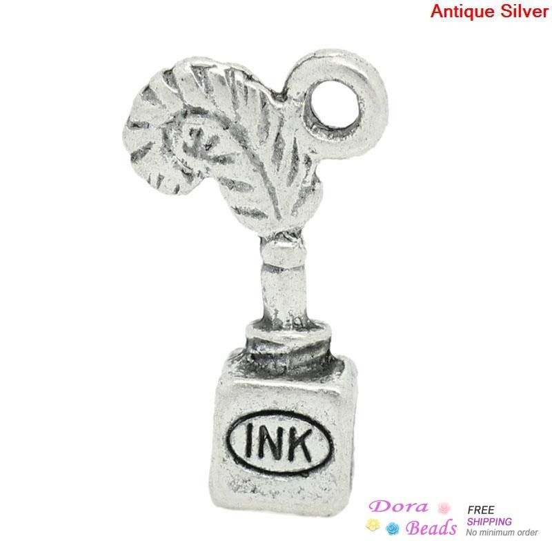 Charms Charm Pendants Quill Feather Pen & Ink Bottle Antique Silver 20x12mm,50PCs (B29882) Jewelry Making Free-image-201587166