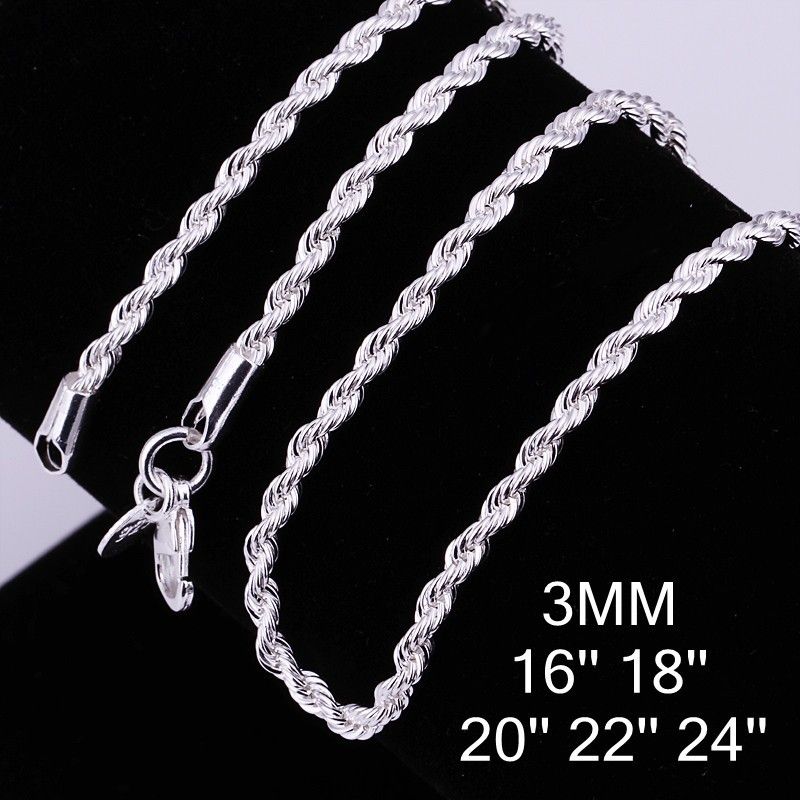 Nieuwe aankomst 925 Sterling zilveren kettingkettingen 3mm 16-30 inch mooie schattige mode charme touw ketting ketting sieraden gratis verzending 1015