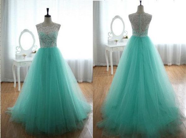 

colorful new style jewel neck teal a-line wedding dresses lace tulle zip back court train long bridal gowns custom made fashion, White