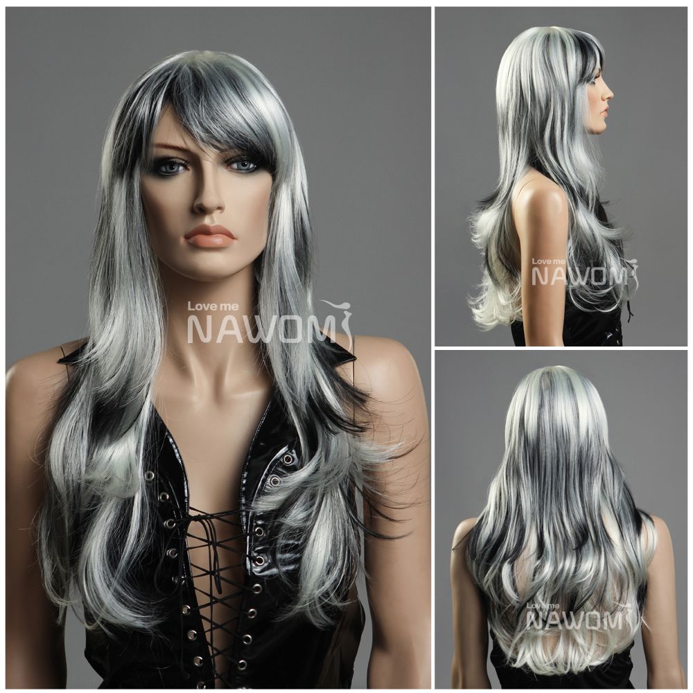 Pelucas grises pelucas largas del pelo para las pelucas las mujeres con las pelucas naturales de las La fibra sintética de la porción 100% Kanekalon 1pc libera el envío 0729ZL824-613