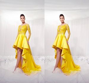2022黄色の短いフロントロングバックホームカミング服の幻想的な長袖が付いている女性のための高さのアップリケ高い低いプロムパーティーガウン