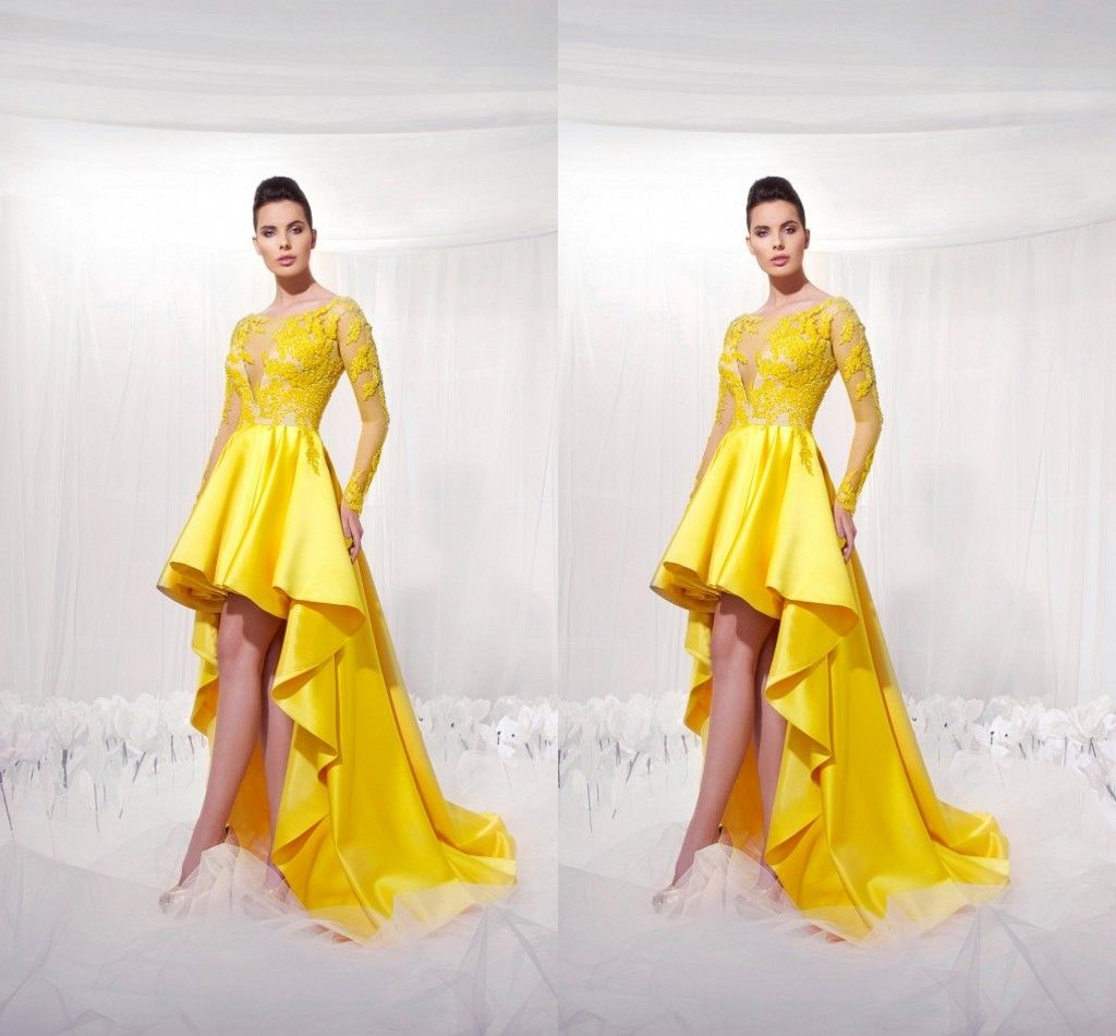 2022 Yellow Short Front Long Back Homecoming Dresses With Illusion Long Sleeves Modest Applique High Low Prom Party Gowns For Girls