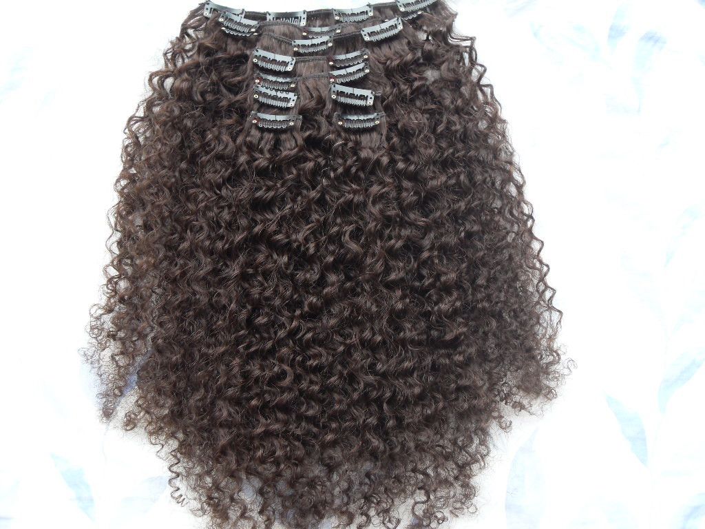 brazilian human virgin remy afro kinky curly hair weft clip in natural black 1b# dark brown color extensions