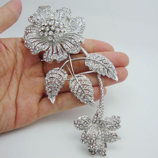 Whole -5 98 Luxury Bride 3 Leaf Flower Bouquet Clear Rhinestone Crystal Brooch Pin Beautiful Bridesmaid Jewelry289V