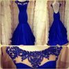 Real Image Royal Blue Prom Klänningar Crew Cap Sleeves Backless Mermaid Prom Dress 2019 Snabb leverans