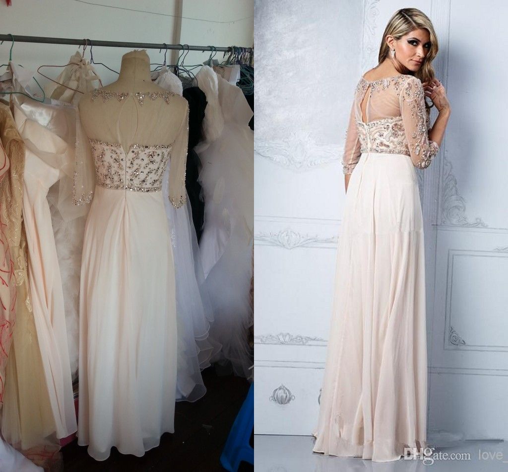 Fashion 2014 Long Sleeve Chiffon Prom Dress Sequins Crystal A Line ...