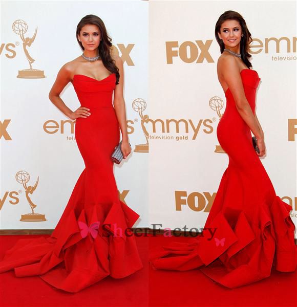 2017 Emmy Awards Nina Dobrev Strapless largo vestidos tafetán sirena Sexy rojo celebridad vestidos