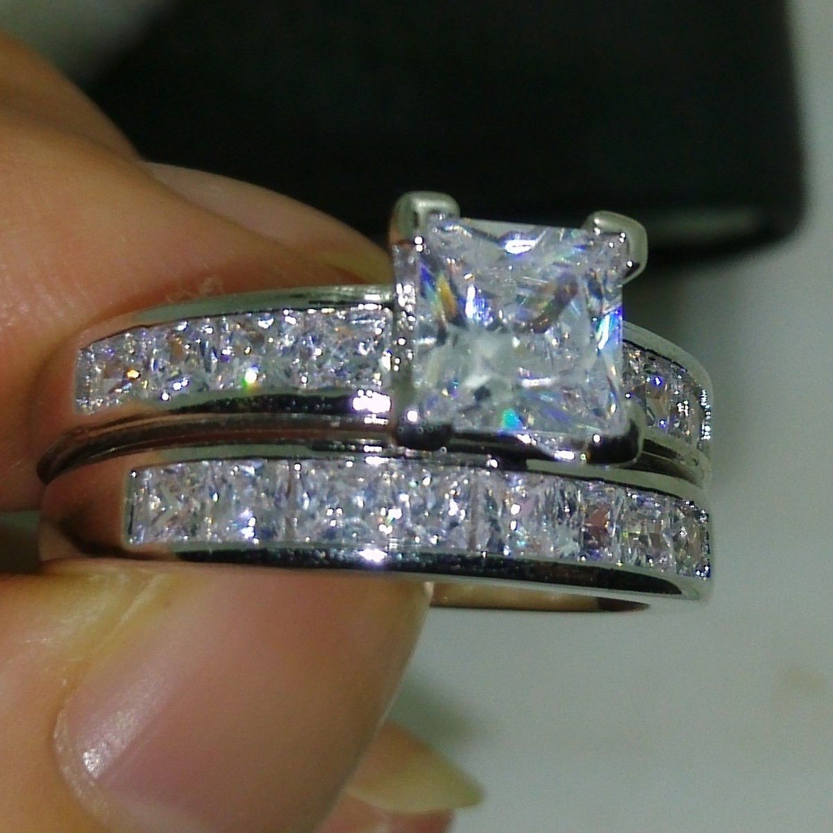 2017 Ny ankomstmärke Desgin Luxury Smycken 10kt vitguldfylld Princess Cut Topaz CZ Diamond Gemstones Bröllop Kvinnor Par Ring Set
