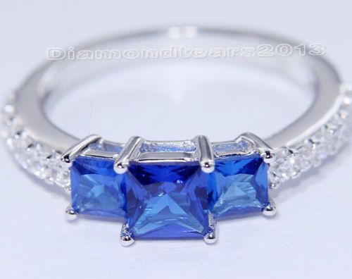 Bijoux fantaisie taille 5/6/7/8/9/10 3ct marque or blanc 10kt rempli saphir bleu topaze trois pierres bague de mariage pour femme pour cadeau d'amour