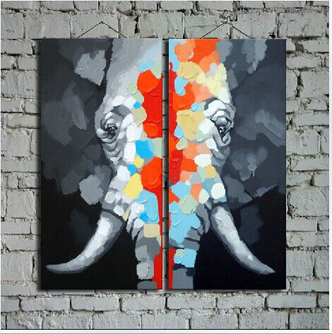 원래 아트 손으로 그린 ​​코끼리 그림 캔버스에 동물 벽 아트 페인트 홈 및 비즈니스 장식 2Panels