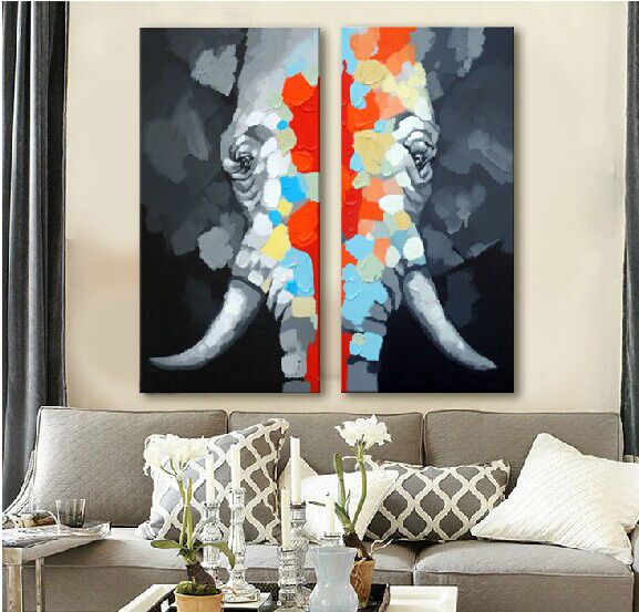 캔버스에 그려진 된 코끼리 오일 페인팅 홈 장식 2Panels에 대 한 동물 큰 벽 아트 페인트