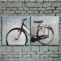 Hand Painted Abstract Bicycle Painting Oil Wall Art for Home Decoration in Living Room or Bedroom 2pcs unframed