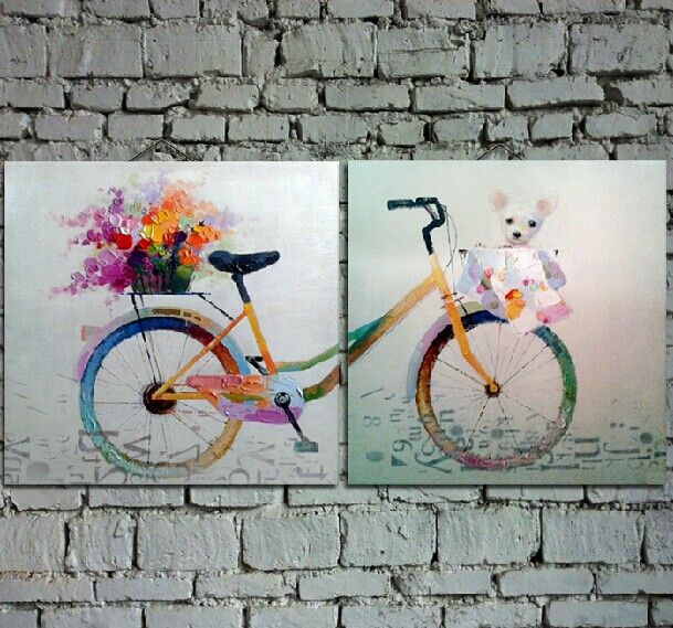 Peinture à l'huile de bande dessinée peinte à la main sur la toile Belle bicyclette Art avec des fleurs et des ours en peluche pour la décoration murale dans la chambre de la fille 2pcs