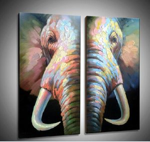 Handpainted Top Quality Elephant Draw Paints on Canvas Decorated Animal Art Painting Two-Picture Combined for House Decoration