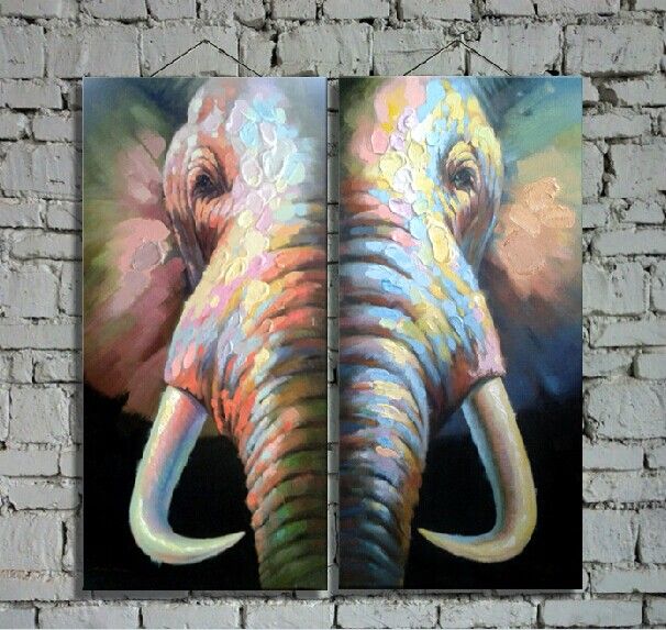 Handmålad elefant av hög kvalitet drar färger på duk dekorerad djurkonstmålning två-bild kombinerad för husdekoration