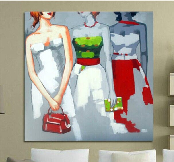 Hand Painted Decorated Figure Oil Painting on Canvas Three Girls Draw Paints for Home Wall Decoration in Dining Room