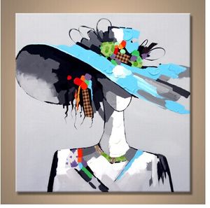 Ręcznie robiony nowoczesny portret obraz olejny na płótnie piękna dziewczyna obraz z kapeluszową sztuką w salonie lub sypialni