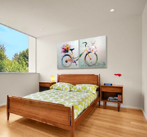 Handpainted Cartoon Oil Painting on Canvas Beautiful Bicycle Art with Flowers and Teddy Bear for Wall Decoration in Girl039s Ro5666358