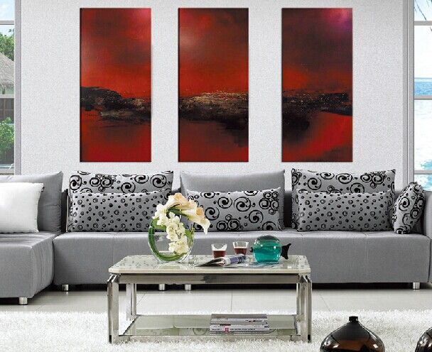 Высочайшее качество и 100 ручная роспись классический темно-красный абстрактный пейзаж живопись на холсте для украшения дома и бизнеса 3 шт.2376265