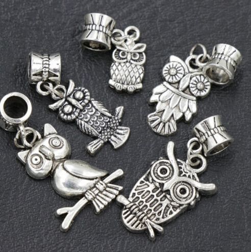 7 estilos Assorted Pássaro Coruja Dangle 105 pçs / lote Antique Silver Big Hole Beads Fit Charme Europeu Pulseira B1563 B993