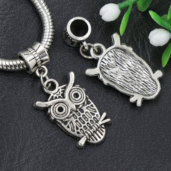 7Styles blandade Bird Owl Dangle lot Antik Silver Big Hole Pärlor Passar europeisk charmarmband B1563 B9934436308