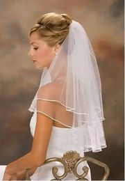 Más barato 2019 muestra real Stock 2 capa blanco marfil de satén velo de novia para vestidos de novia vestidos Accesorios nupciales