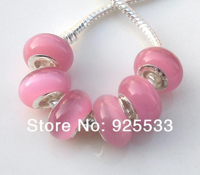Y-032 50pcs 8x14mm 925 silver core Big Hole cat eye pink Glass Beads fit European Jewelry Bracelet Charms DIY-image-202399069