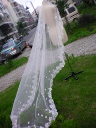 Mais recente projeto Três metros 1 Camada Longa Appliques Edge Lace Wedding Veils Acessórios Noiva Elegante Moda Frete Grátis