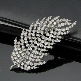 2.75 Inch Silver Plated Clear Rhinestone Crystal Diamante Large Leaf Brooch