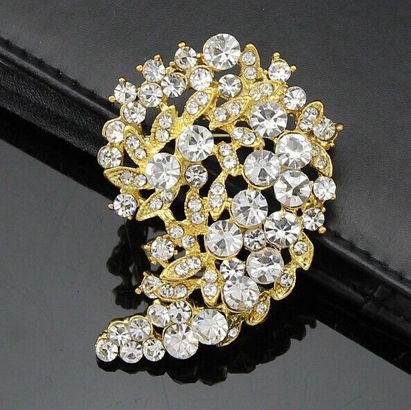 2,36 tums guldton Clear Rhinestone Crystal Diamante Bouquet Wedding Flower Brosch Party Pins