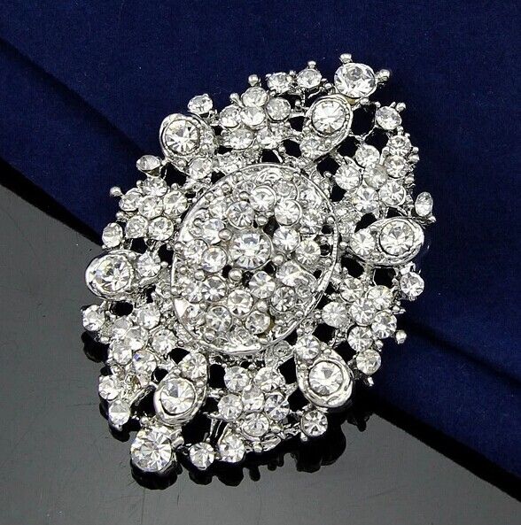 

2.4 Inch Vintage Look Rhodium Silver Flower Brooch with Clear Rhinestone Crystals
