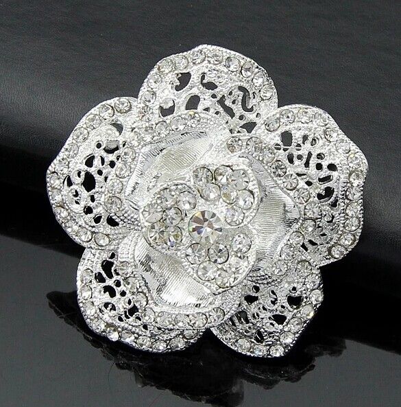 

2 Inch Clear Rhinestone Diamante Rose Flower Alloy Brooch Bouquet Accessory Wedding Pins