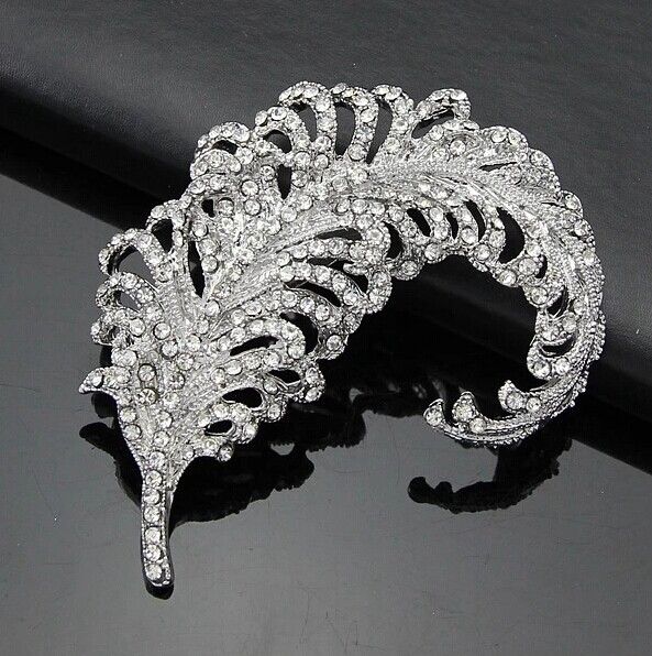 

3.2 Inch Rhodium Silver Plated Rhinestone Diamante Large Leaf or Feather Brooch