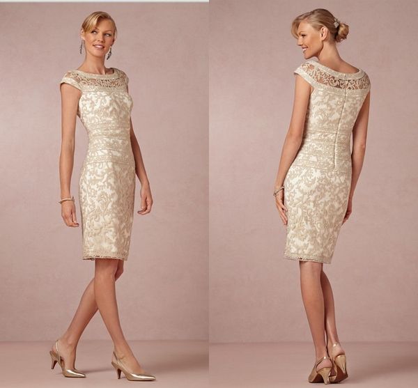 

Винтаж 2014 BHLDN вдохновил шампанское кружева мать невесты Платья вечернее платье Cap рукавом оболочка/колонка экипажа короткие партии вечернее платье