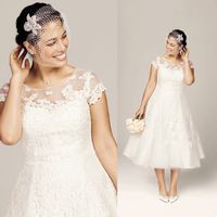 Wholesale Classic Wedding Dresses Beach Plus Size Bridal Gowns With A Line Sheer Neckline Lace Tea length Cap Sleeves Buy One Dress Get Veil