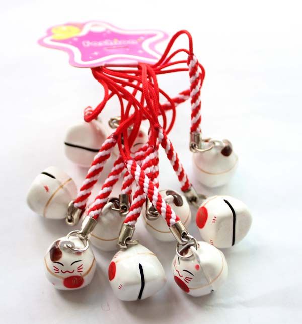 Новые 100 шт. Милый белый счастье Maneki Neko Lucky Cat Fan Bell Сотовый телефон шарм ремень подарок