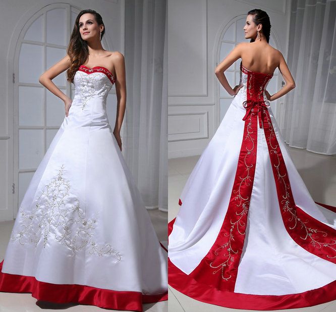 Vintage Embroidered Red And White Satin Ball Gown Wedding Dresses 2014